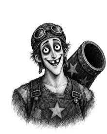 Barnaby Bolt, the human cannonball, grinning in a leather helmet with goggles, a cannon on his shoulder