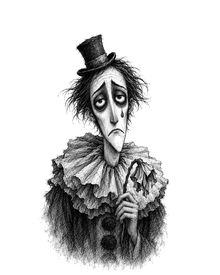 Emrys Harrow, the clown, long and droopy, in a ruff and a tiny hat, holding a wilting paper flower