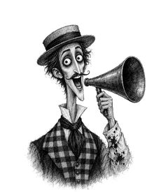 Gideon Crowl, the barker, in a checked waistcoat and a straw boater, shouting through a brass speaking trumpet