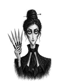 Ines Montaño, the knife-thrower, tall and straight, a fan of knives in one hand