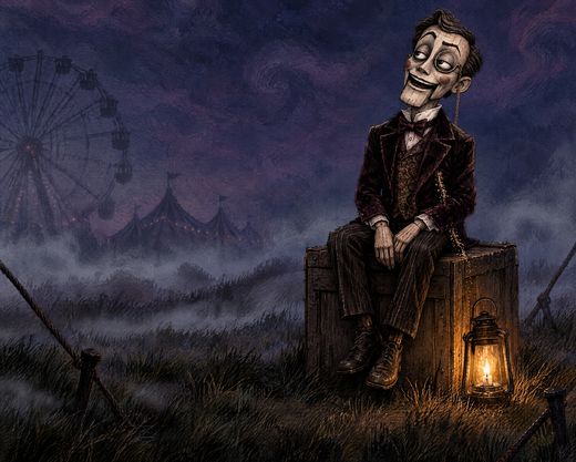 Mister Sawdust, a grinning wooden dummy with a monocle and a velvet jacket, sitting on his crate on a foggy heath beside a lantern, the Great Wheel and the carnival tents behind him