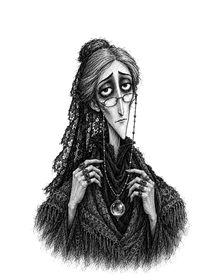 Madame Orsolya Vey, the fortune-teller, in shawls and a lace veil, a crystal on a chain at her throat