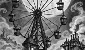 The Great Wheel in the fog, its cars hanging from the rim, the Wheel Hut at its foot and the steam calliope beside it