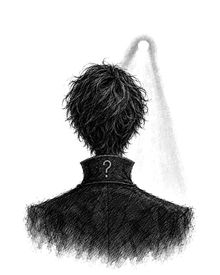 The Remarkable Nobody, seen from behind in a spotlight, a question mark on the back of the collar