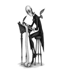 Mr. Blot, the clockwork scribe, a gaunt clerk at a tall slanted desk with a quill and a long paper roll