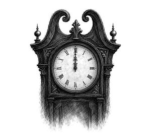 The tall clock in the workshop, its pendulum case carved with scrolls