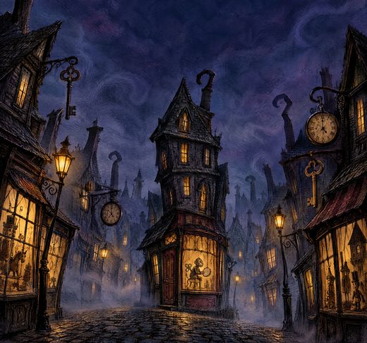 Crookspire Lane at night in the fog: crooked shops with clock-shaped signs and lit windows, and the tall crooked House of Automata