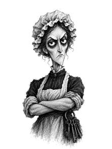 Mrs. Pim, the housekeeper, arms folded, a great ring of keys at her waist