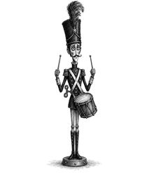 Corporal Rattle, a tall tin drummer soldier in a plumed shako, sticks raised over his drum