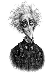 Master Absalom Sprue, the toymaker, with a white shock of hair, a jeweler’s loupe and a leather apron full of tools