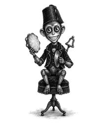 Tally, the tambourine monkey, in a velvet jacket and a little fez, with a tambourine and a cymbal