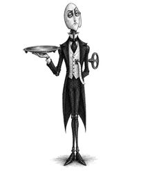 Mr. Tock, the clockwork butler, tall and grave, holding out a silver salver