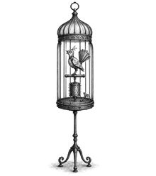 Miss Warble, a silver songbird on her perch in a tall domed brass cage