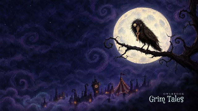A scruffy raven holding a key, perched on a branch in front of a huge full moon