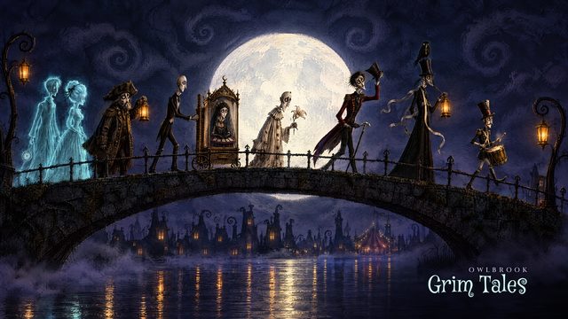 Ghosts, a ringmaster and other gothic townsfolk crossing a bridge under a full moon