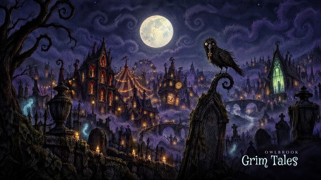 A raven on a gravestone above the moonlit gothic town of Sorrowby