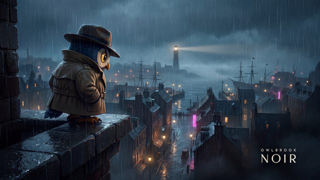 An owl in a trench coat and fedora on a rainy rooftop above a harbor town with a lighthouse