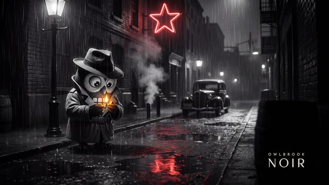A black-and-white owl detective lighting a match in a rainy alley under a red neon star