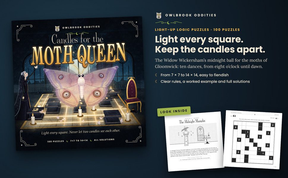 Candles for the Moth Queen: the cover beside two sample pages from inside the book