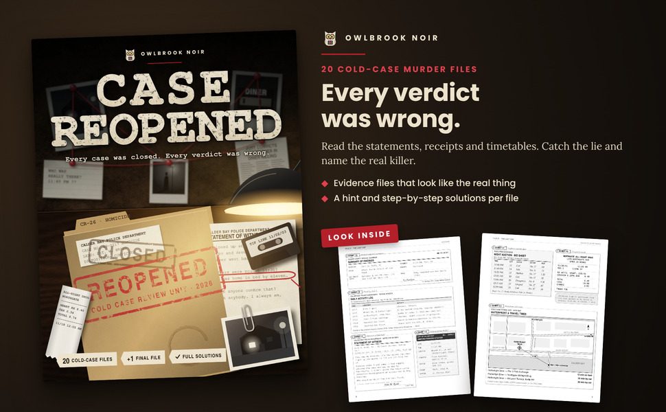 Case Reopened: the cover beside two sample pages from inside the book