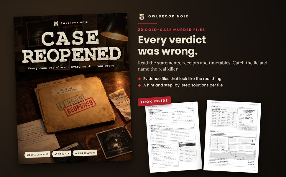 Case Reopened: the cover beside two sample pages from inside the book