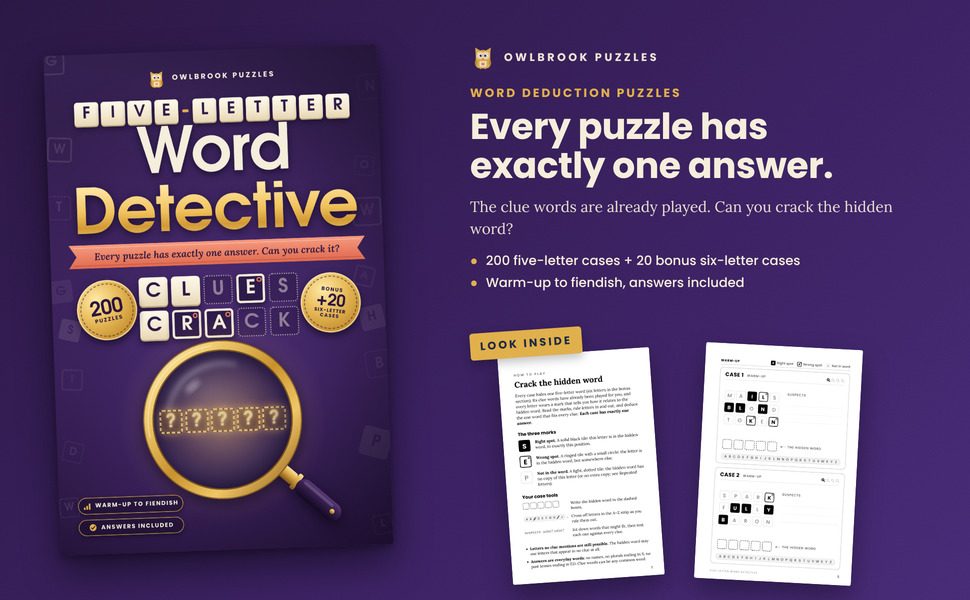 Five-Letter Word Detective: the cover beside two sample pages from inside the book