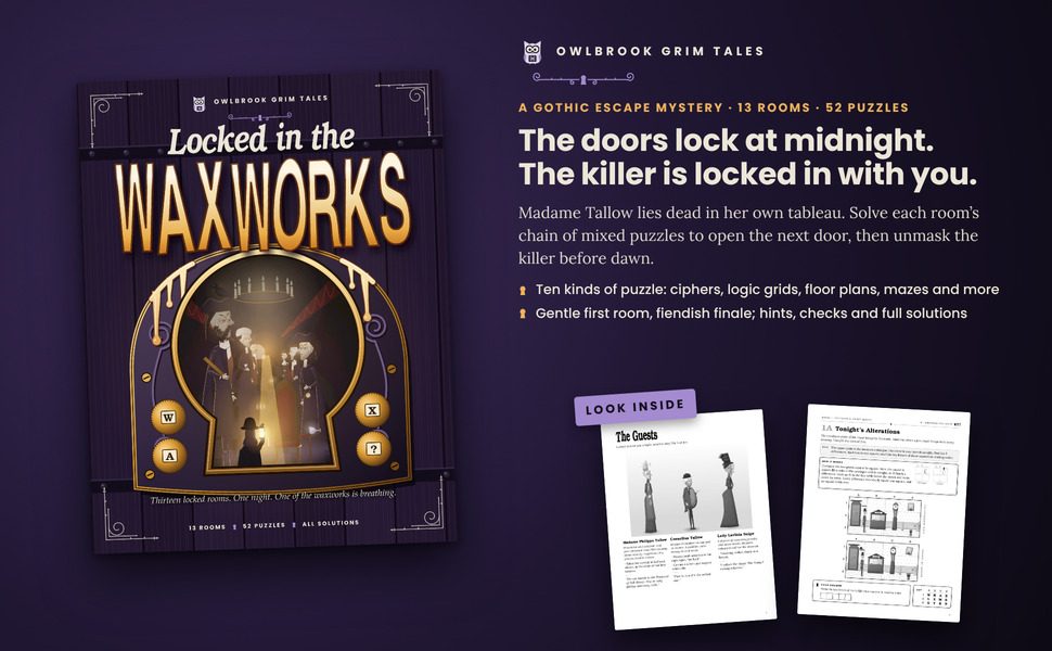 Locked in the Waxworks: the cover beside two sample pages from inside the book