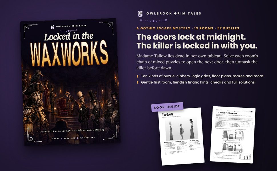 Locked in the Waxworks: the cover beside two sample pages from inside the book
