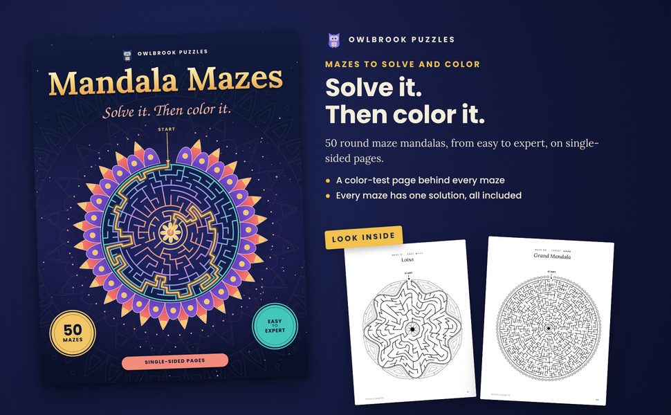Mandala Mazes: the cover beside two sample pages from inside the book