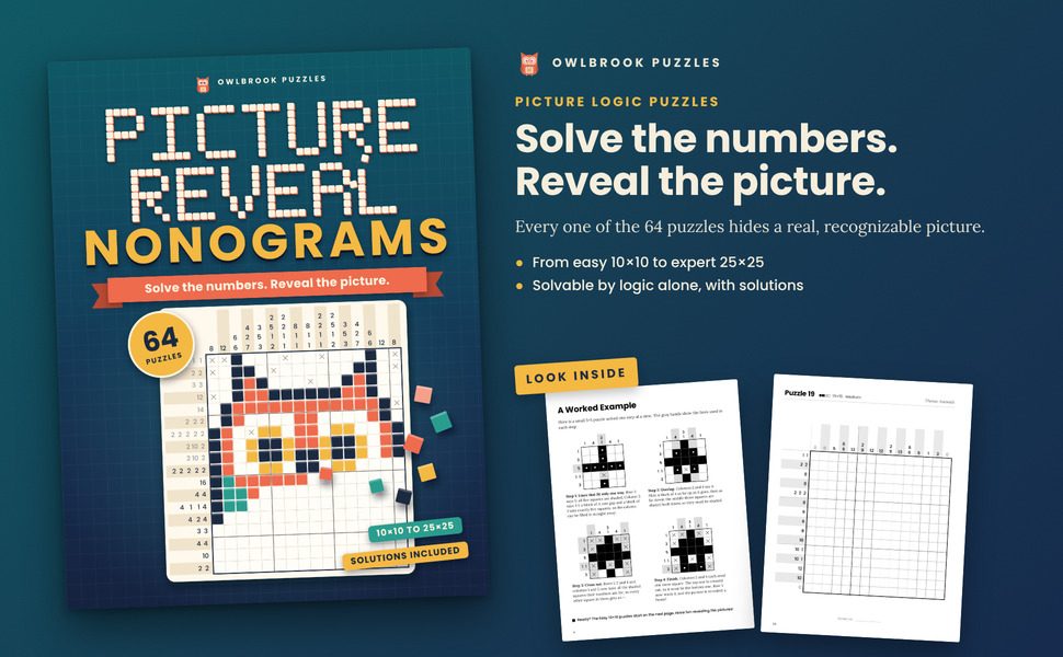 Picture Reveal Nonograms: the cover beside two sample pages from inside the book