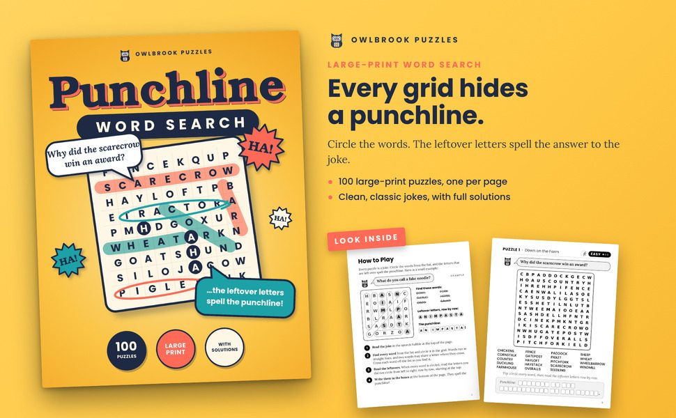 Punchline Word Search: the cover beside two sample pages from inside the book