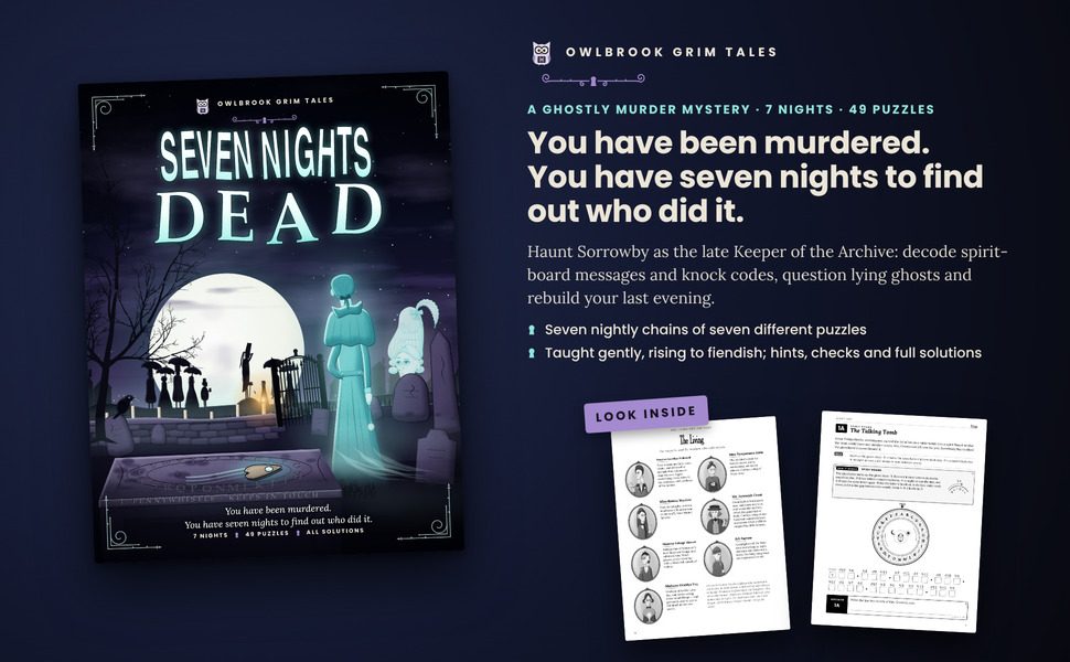 Seven Nights Dead: the cover beside two sample pages from inside the book