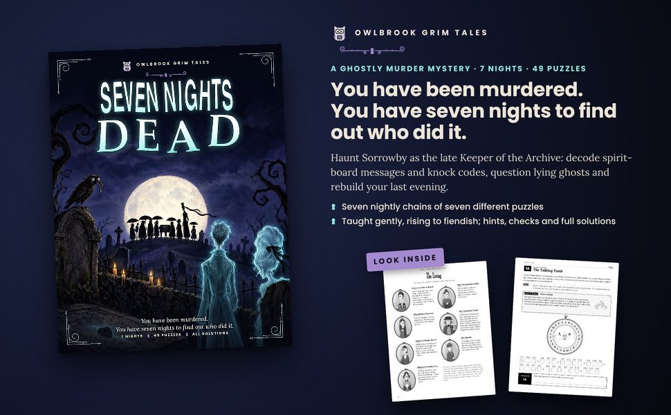 Seven Nights Dead: the cover beside two sample pages from inside the book