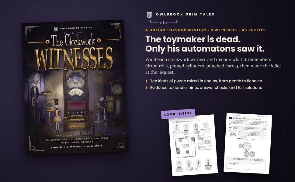 The Clockwork Witnesses: the cover beside two sample pages from inside the book