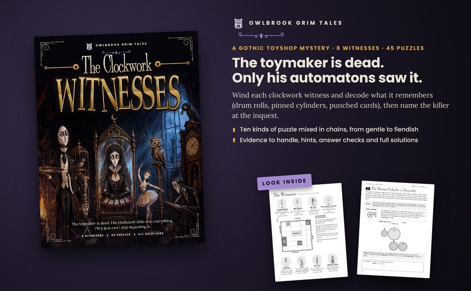 The Clockwork Witnesses: the cover beside two sample pages from inside the book