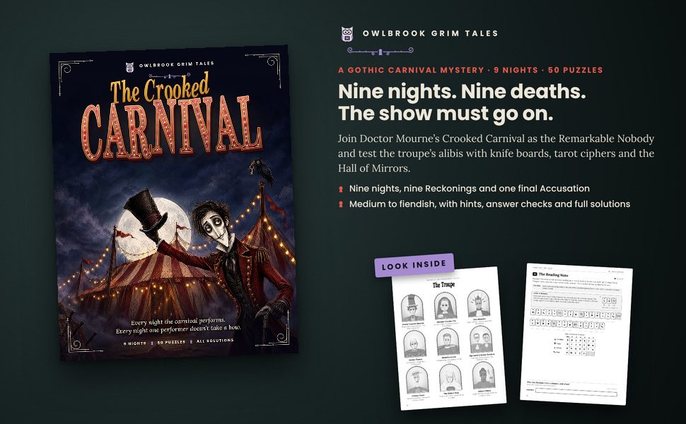 The Crooked Carnival: the cover beside two sample pages from inside the book