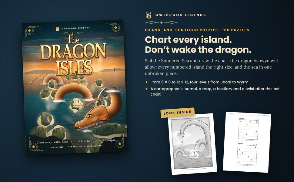 The Dragon Isles: the cover beside two sample pages from inside the book