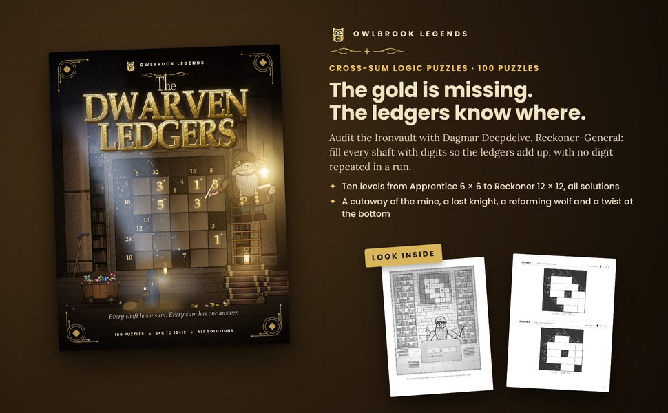 The Dwarven Ledgers: the cover beside two sample pages from inside the book
