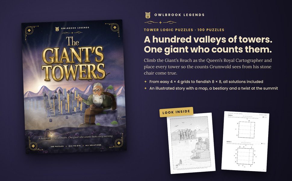 The Giant’s Towers: the cover beside two sample pages from inside the book