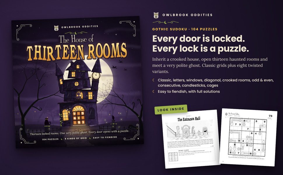 The House of Thirteen Rooms: the cover beside two sample pages from inside the book