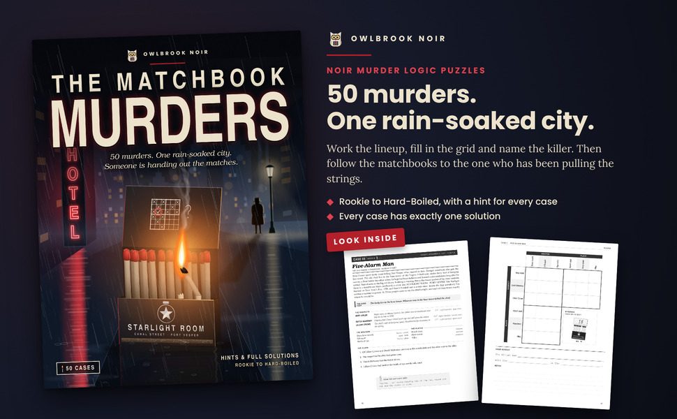 The Matchbook Murders: the cover beside two sample pages from inside the book