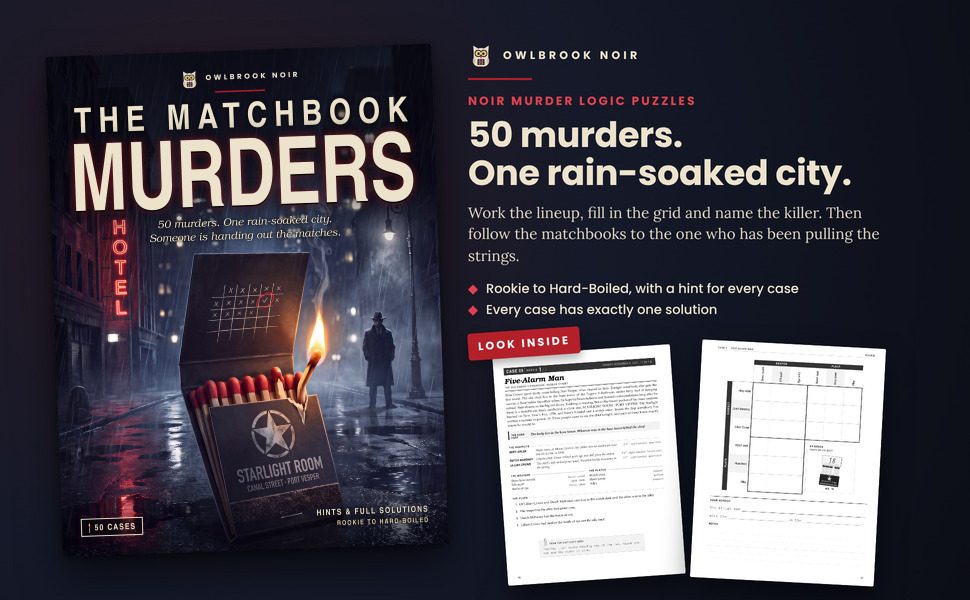 The Matchbook Murders: the cover beside two sample pages from inside the book