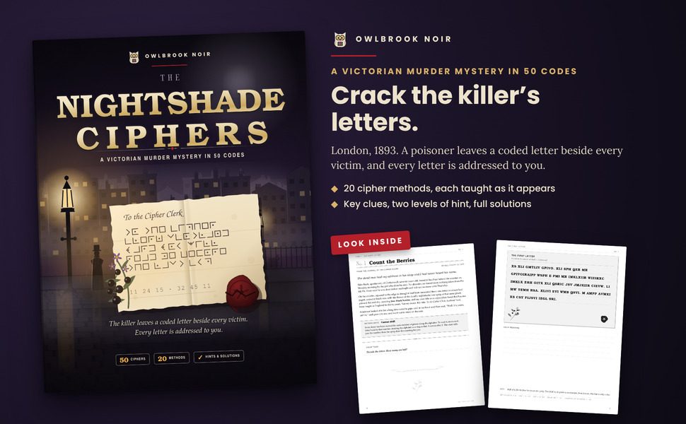 The Nightshade Ciphers: the cover beside two sample pages from inside the book