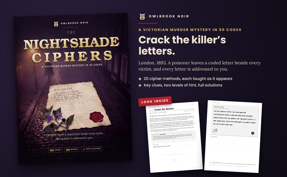 The Nightshade Ciphers: the cover beside two sample pages from inside the book
