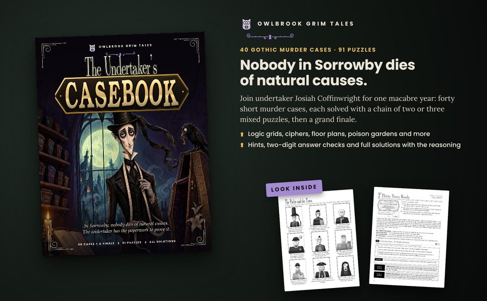 The Undertaker’s Casebook: the cover beside two sample pages from inside the book