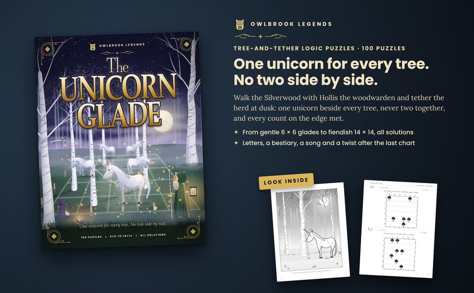 The Unicorn Glade: the cover beside two sample pages from inside the book