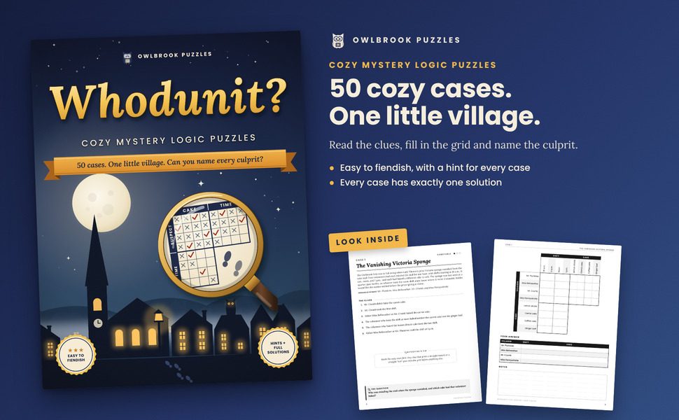 Whodunit? Cozy Mystery Logic Puzzles: the cover beside two sample pages from inside the book