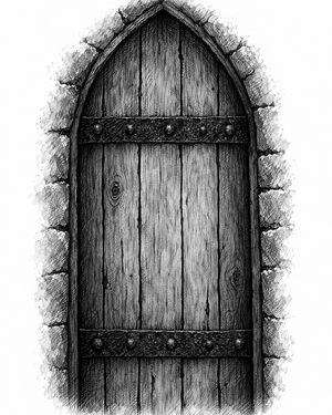 A heavy arched wooden door, studded with iron