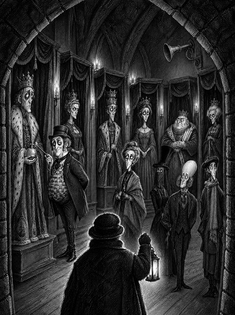 The Gallery of Grim Monarchs: wax kings and queens along both walls