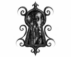 An ornate iron keyhole with an eye looking through it